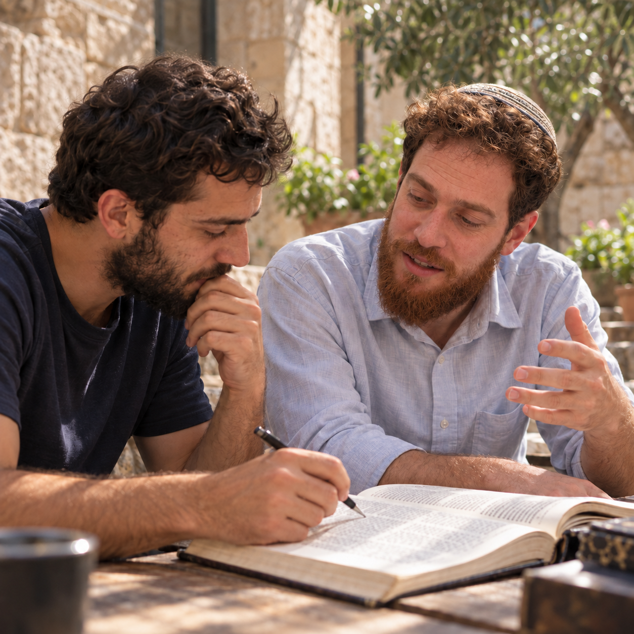 שני בחורים לומדים יחד ספר פתוח על שולחן עץ בחצר אבן ירושלמית
