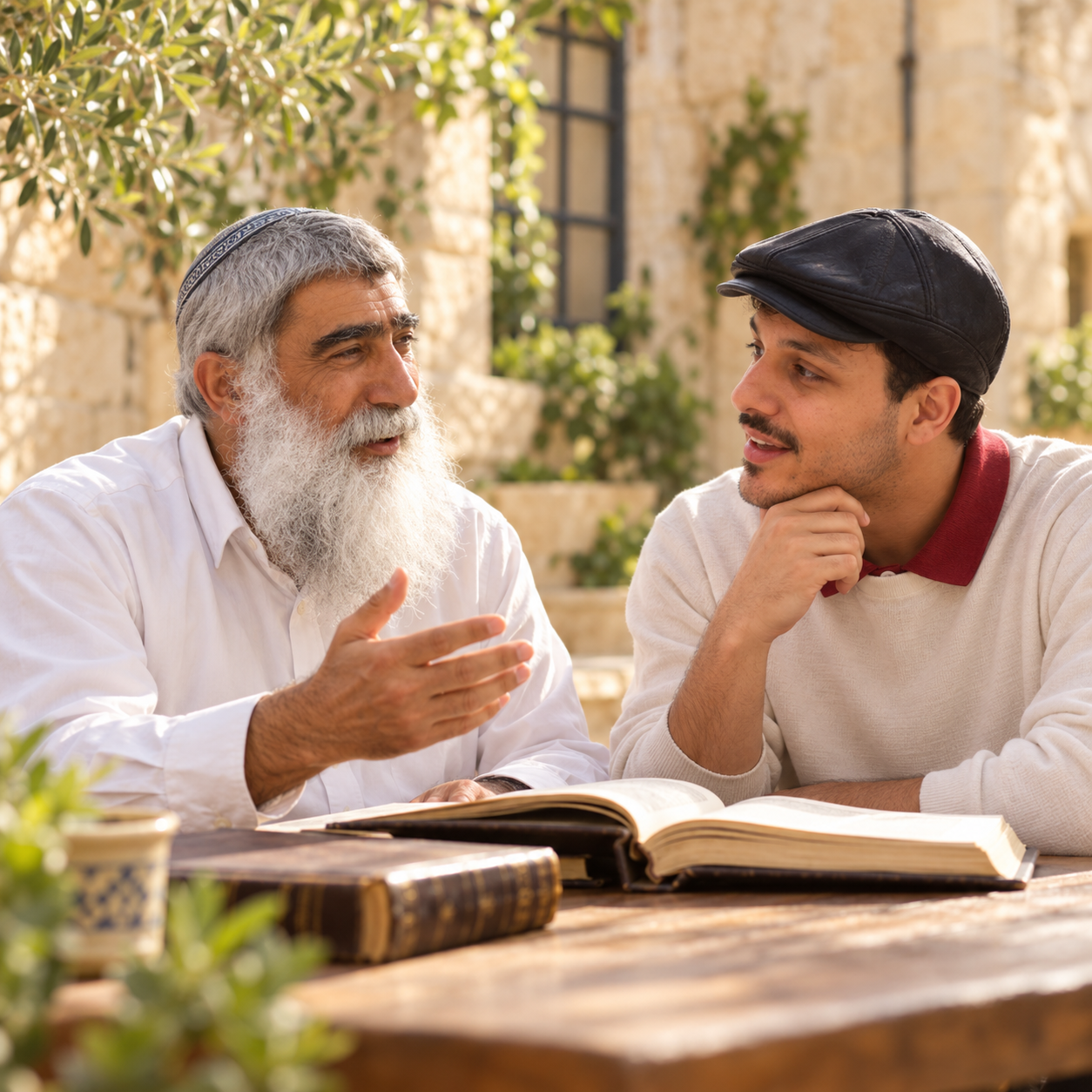 הרב שמואל מורנו מדבר עם בחור יושב, ספרים על שולחן העץ בחצר