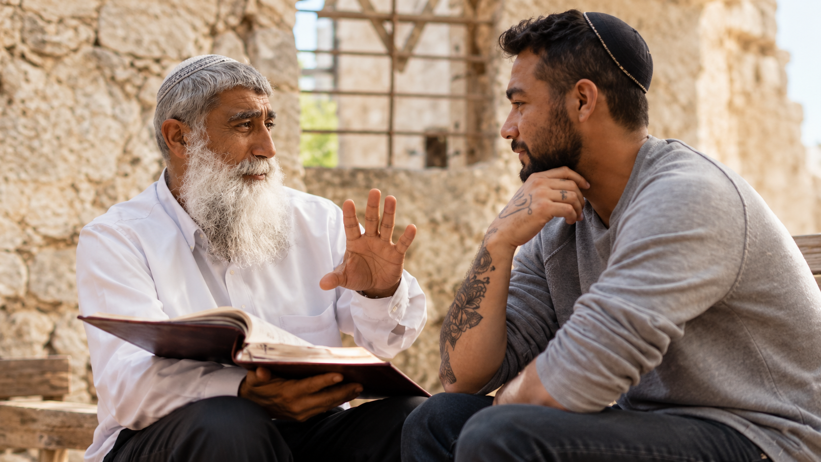 הרב שמואל בשיחה אישית עם בחור צעיר על ספסל בחוץ